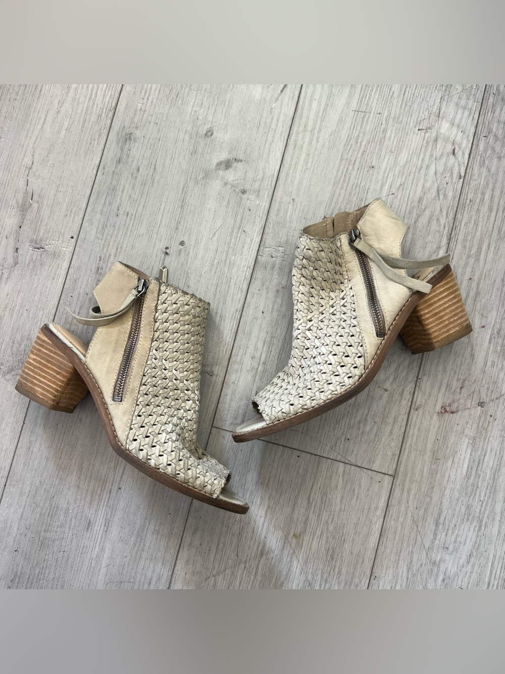 Sam Edelman Woven Peep-Toe Genuine Suede Block Heel Booties - Cream